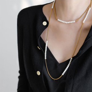 Collana a strati con catena a maglie geometriche alla moda in rame senza piombo con perle <span class=keywords><strong>Swarovski</strong></span>, <span class=keywords><strong>gioielli</strong></span> da sposa placcati oro in rame - Product Image 5