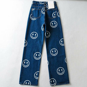 BUFA prezzo all'ingrosso stampa viso sorridente vita alta Plus Size Jeans Boyfriend <span class=keywords><strong>donna</strong></span> <span class=keywords><strong>pantaloni</strong></span> dritti azzurri - Product Image 6