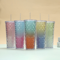 Gobelet isotherme double paroi en plastique réutilisable, à motif diamant gaufré et paillettes dégradées, avec couvercle et paille, portable pour café glacé et voyage