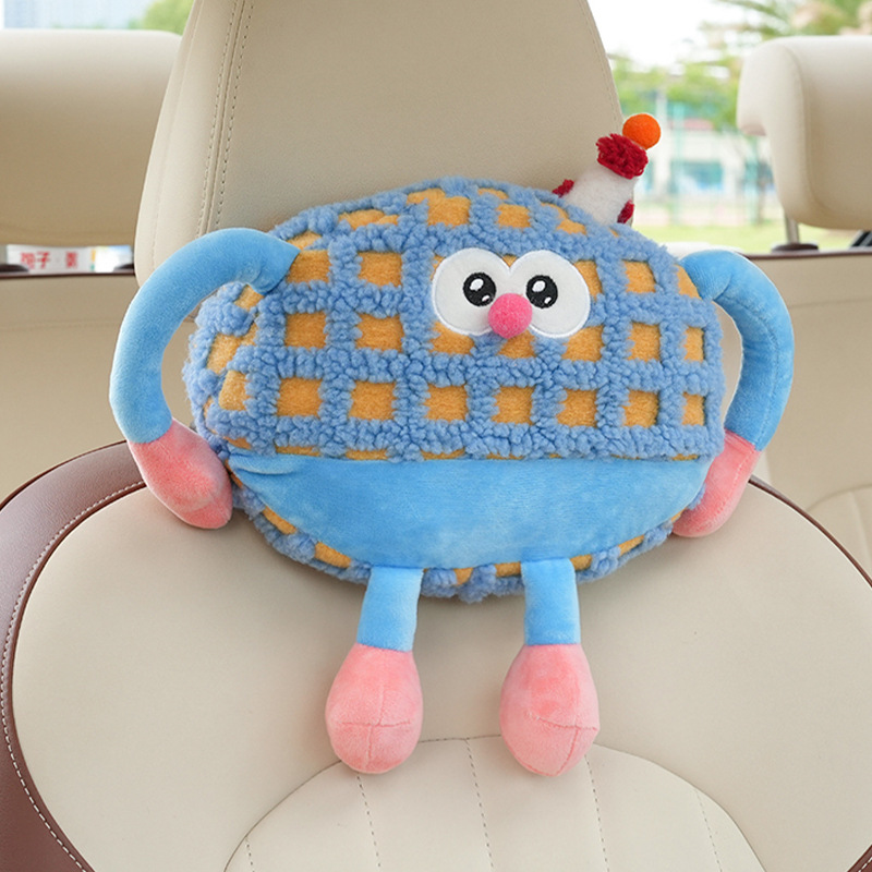 Appui-tête monstre en peluche à carreaux bleu