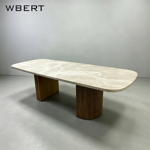Table à manger ovale en marbre de style américain WBERT, plateau en pierre et base en bois massif, mobilier contemporain pour la maison - Product Image 4