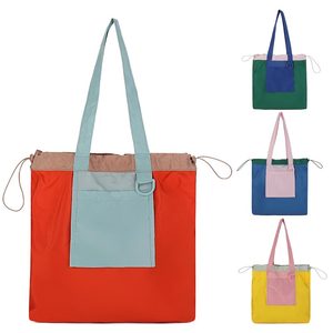 Foldable Tote Bag Color Block Drawstring Shoulder Bag Lightweight Nylon Reusable Shopping Bag Eco Friendly Portable Grocery Bag - Product Image 1