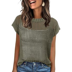 FOXA Haut en tricot à manches courtes en crochet pour femme, respirant, pour le printemps et l'été, vêtements de plage - Product Image 1