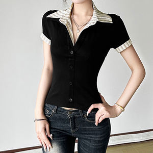 T-shirt décontracté vintage à manches courtes, à col contrasté, simple, ajusté, en tricot écologique, à simple boutonnage - Product Image 3