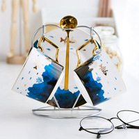 Ensemble de tasse à café et soucoupe en céramique avec bordure dorée de luxe, 200 ml, ensemble de thé de l'après-midi européen dans un coffret cadeau