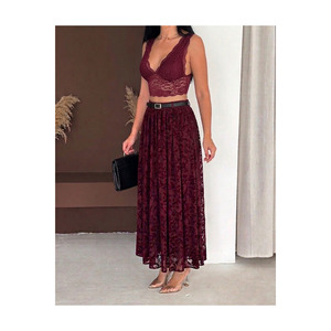 Women's Burgundy Modest Skirt <b>Elastic</b> Waistband Flocked Tulle 100 Cm Length - Product Image 2