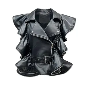 High Quality Sleeveless Leather Waistcoat Motorcycle Real Sheepskin Flounce Leather Vest Women