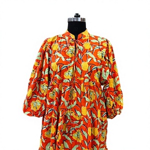 Robe longue en coton imprimé floral bohème pour femme, col montant, silhouette évasée en A, printemps, taille XL - Product Image 3