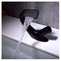 Keran Air Panas Dingin Model Air Terjun untuk Wastafel Keramik Modern Kontemporer, Satu Lubang, Pemasangan di Atas Meja, Kuningan Hitam Brushed HUBEN Metered