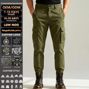 Wholesale <b>Men</b> Olive Green <b>Cargo</b> Pants Elastic Cuff Multi Pocket Tactical Streetwear <b>Joggers</b> OEM Custom Logo TKAN153D - Product Image 1