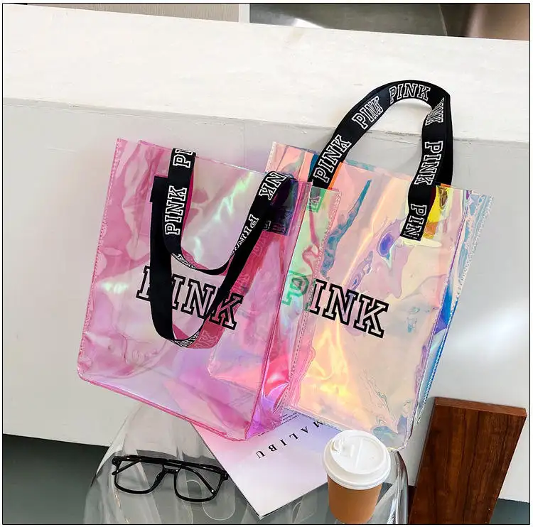 Wholesale Custom Logo Printed Transparent Holographic PVC Shopping Bag Tote Bag For Beach