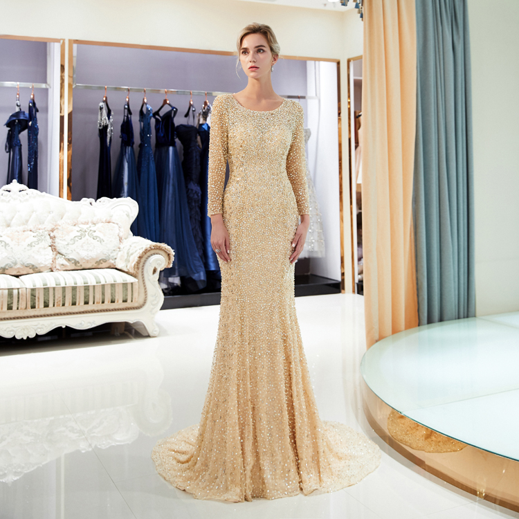 Luxury Evening Gown: Long Heavy Beaded Open Back Mermaid Dress with Long  Sleeves  Elegant Formal Wear for Special Occasions