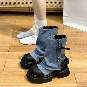 Botas Vaqueras Midi de Lona Retro de Moda Otoño-Invierno 2026, con Suela Gruesa Antideslizante - Product Image 3