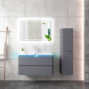 Meuble-lavabo mural de salle de bain de luxe en PVC et contreplaqué moderne, avec éclairage LED, miroir intelligent et vasque, design incurvé, pour hôtels - Product Image 5