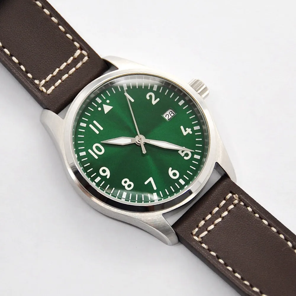 OEM Logo pilot style stainless steel case NH35 movement leather strap men wrist watch with 30m water resistant