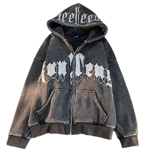 Sweat à capuche surdimensionné pour homme en chenille brodée, délavé à l'acide, épaules tombantes, en coton, style vintage, streetwear automne - Product Image 1