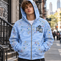 Sweat à capuche zippé pour homme avec strass, style streetwear oversize, orné de cristaux, motif camouflage, logo personnalisé