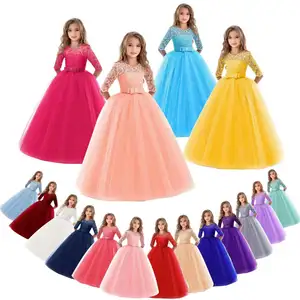 Elegant Long Frocks lace Sleeveless Princess tutu child Maxi dresses Puffy tulle dress for girls party kids dress