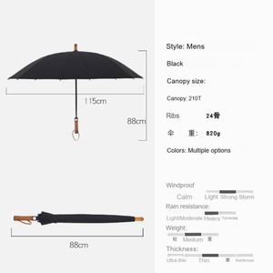 Parapluie personnalisé avec logo, 24 baleines, manche en bois, 115 cm, en pongé haute densité 210T, armature en acier noir, idéal pour les trajets quotidiens, les voyages et la promotion de marque - Product Image 4