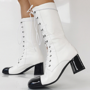 Women Black White Patchwork Square Toe Front Lace up Half <b>Knee</b> <b>High</b> Boots Big Size 47 Wide Fit 6CM Chunky Heels Shoes - Product Image 2