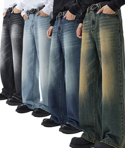 Jeans en denim pour hommes avec logo personnalisé, style délavé, coupe droite, jambe <span class=keywords><strong>large</strong></span>, <span class=keywords><strong>taille</strong></span> plus, jeans baggy personnalisés pour hommes - Product Image 1