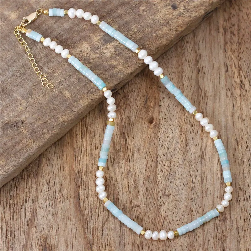Women Pearl And Amazonite Beads Choker Necklace Bohemian Chic Beach Holiday Torques Necklace High Quality Jewelry Wholesale