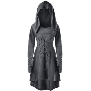 Gótico oscuro Punk negro Medieval con capucha vestido Harajuku Vintage Irregular mujeres Delgado puntiagudo sombrero callos <span class=keywords><strong>Cruz</strong></span> corbata Vestido de manga larga - Product Image 2
