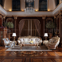 Meubles italiens villa tout bois massif sculpté ensembles de salon de luxe tissu et cuir ensemble de canapé sectionnel