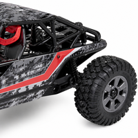 Buggy RC tout-terrain rouge avec pneus surdimensionnés, suspension à ressorts hélicoïdaux, télécommande 2,4 GHz, fonction 'Follow Me' pour enfants, chargeur expert inclus