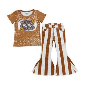 GSPO0418 mini text printed sunflower coffee color short sleeve cotton striped flared pants baby girl clothing sets summer