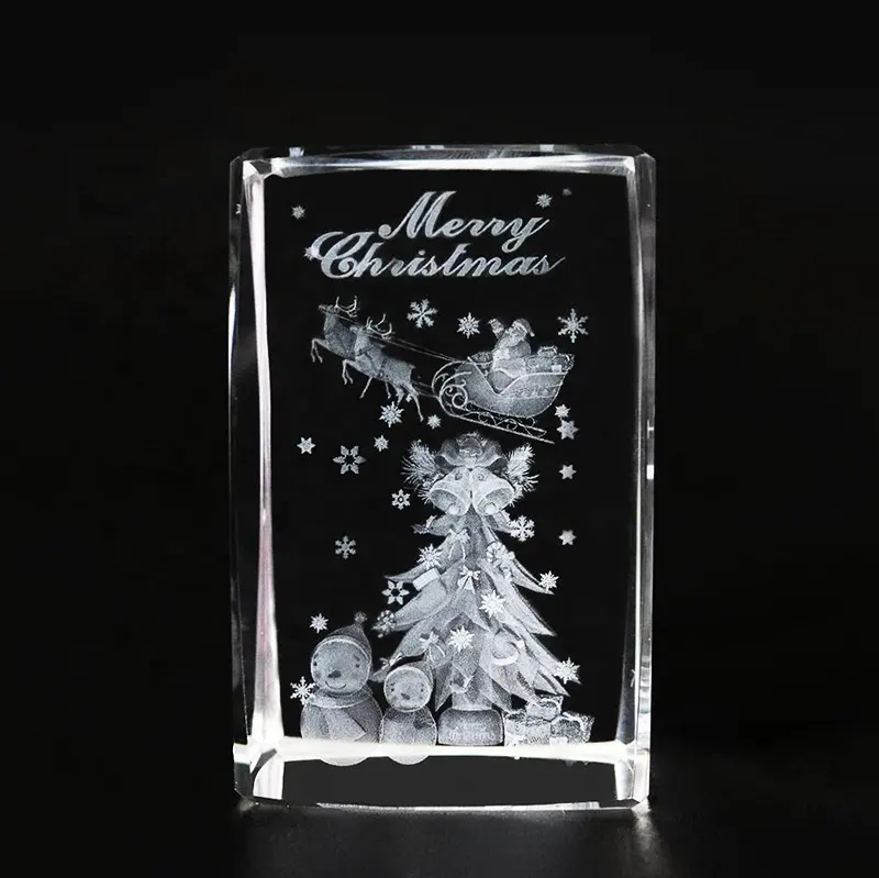 Personalizado regalos de navidad 3D láser grabado árbol de Navidad de cristal Santa cubo artesanía