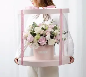 Buon prezzo cilindro di san valentino trasparente scatola rotonda di fiori di rosa scatole regalo trasparenti di lusso con coperchio superiore trasparente per finestra in pvc trasparente