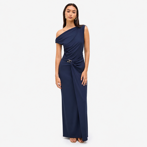 Robe sur mesure pour femme, vêtement personnalisé, bleu marine, asymétrique à une épaule, froncée, pour soirée, été, maxi - Product Image 1