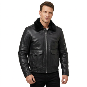 Chaqueta de cuero genuino para hombre, estilo bomber, con cuello de piel negra, chaqueta de piloto aviador, chaqueta de invierno con cremallera, ropa exterior de cuero. - Product Image 1