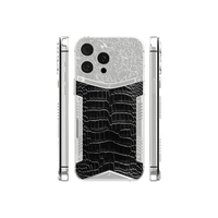 Cadre de luxe plaqué or pour IPhone16 Pro Max gravure profonde avec boîtier de téléphone à motif de crocodile en peau de vache noire et Moissanite
