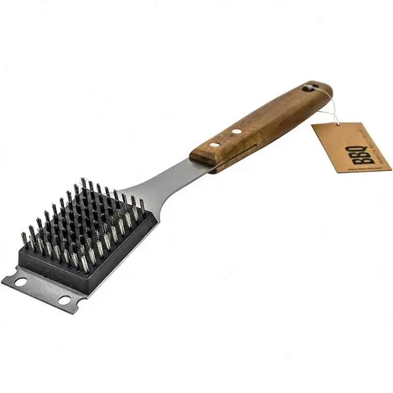 Brosse et grattoir à Barbecue, produit du fabricant, grand manche en bois et poils en acier inoxydable, brosse à Barbecue