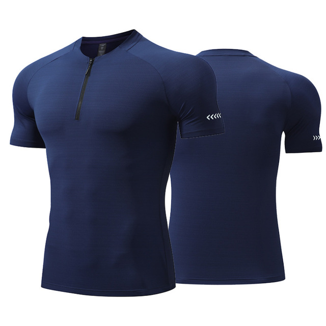 XS-5XL Plus Siz Summer Sports Quick Dry Short Sleeve Slim Fit Mesh T-shirt With Zipper Running Athletic Gym Compression Tee