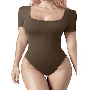 Wholesale Women's Seamless Sports Fitness <b>Bodysuit</b> Sexy Ribbed Square Neck Short Sleeve Body Shaper with Tummy <b>Control</b> Yoga - Product Image 6