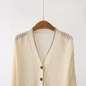 Artículos populares ahora Jersey otoño 2025 nuevo Tencel <span class=keywords><strong>Lino</strong></span> hueco elegante cuello en V cárdigan de punto para mujeres fabricantes de ropa - Product Image 3