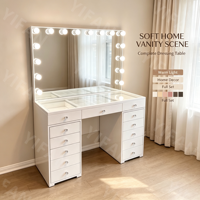 Coiffeuse Maquillage avec Grand Miroir et Lumières LED à Luminosité Réglable, Table de Coiffure pour Chambre avec 13 Tiroirs