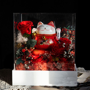 Lucky Cat Rose Preserved Flower Ornament Solar-Powered Automatic <strong>Waving</strong> Acrylic Cover Gift Friend Business Opening Housewarming - Product Image 4