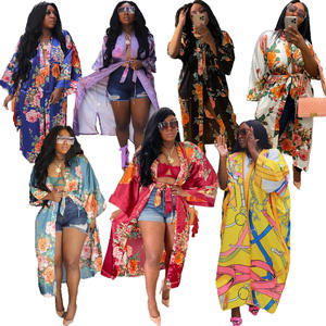 Cárdigan largo informal de seda de imitación para <span class=keywords><strong>mujer</strong></span>, ropa africana con cinturón, Rebeca Kimono con estampado Floral, oferta de <span class=keywords><strong>Amazon</strong></span>, otoño 2022 - Product Image 1