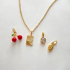 Colliers pendentifs pour femmes EManco en acier inoxydable, motif cerise <span class=keywords><strong>rouge</strong></span> texturé, géométrique, avec gemmes carrées et feuilles, lettres, cadeaux, dropshipping - Product Image 4