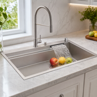 Évier de cuisine à cuve unique en acier inoxydable SUS304 noir mat de style coréen, fait main, avec panier et support enroulable en option