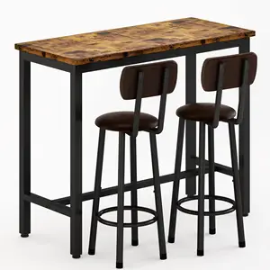 Оптовая продажа, 3 шт., набор для барного стола, 39,3 "деревянный столик и 2 кожаных стула со спинкой для ресторана, бистро, кофейни