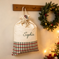 Sac de Noël personnalisé en toile écologique, motif écossais et rayures, patchwork, cordon de serrage, nom brodé sur mesure, sac cadeau d'usine