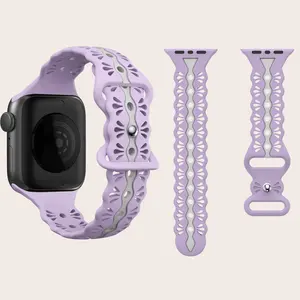 Kustom Bergaris Warna Ramping Tipis Berongga Keluar IWatch Olahraga Gelang Renda Pita Silikon untuk Apple Watch Ultra Series SE 8 49Mm