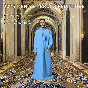 Men's Light Blue Thobe <b>Long</b> Sleeve Stand Collar Embroidered Cotton Floor Length Modest Daily Wear Middle East Style - Product Image 1