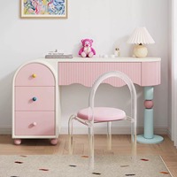 Coiffeuse rose pastel avec 3 tiroirs, table de maquillage à bords ondulés pour chambre de fille