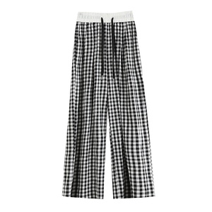 <span class=keywords><strong>Pantalon</strong></span> large taille haute imprimé à carreaux rétro d'été 2025 pour femmes; décontracté coupe ample toutes saisons adapté; <span class=keywords><strong>Pantalon</strong></span> long plat numérique - Product Image 1